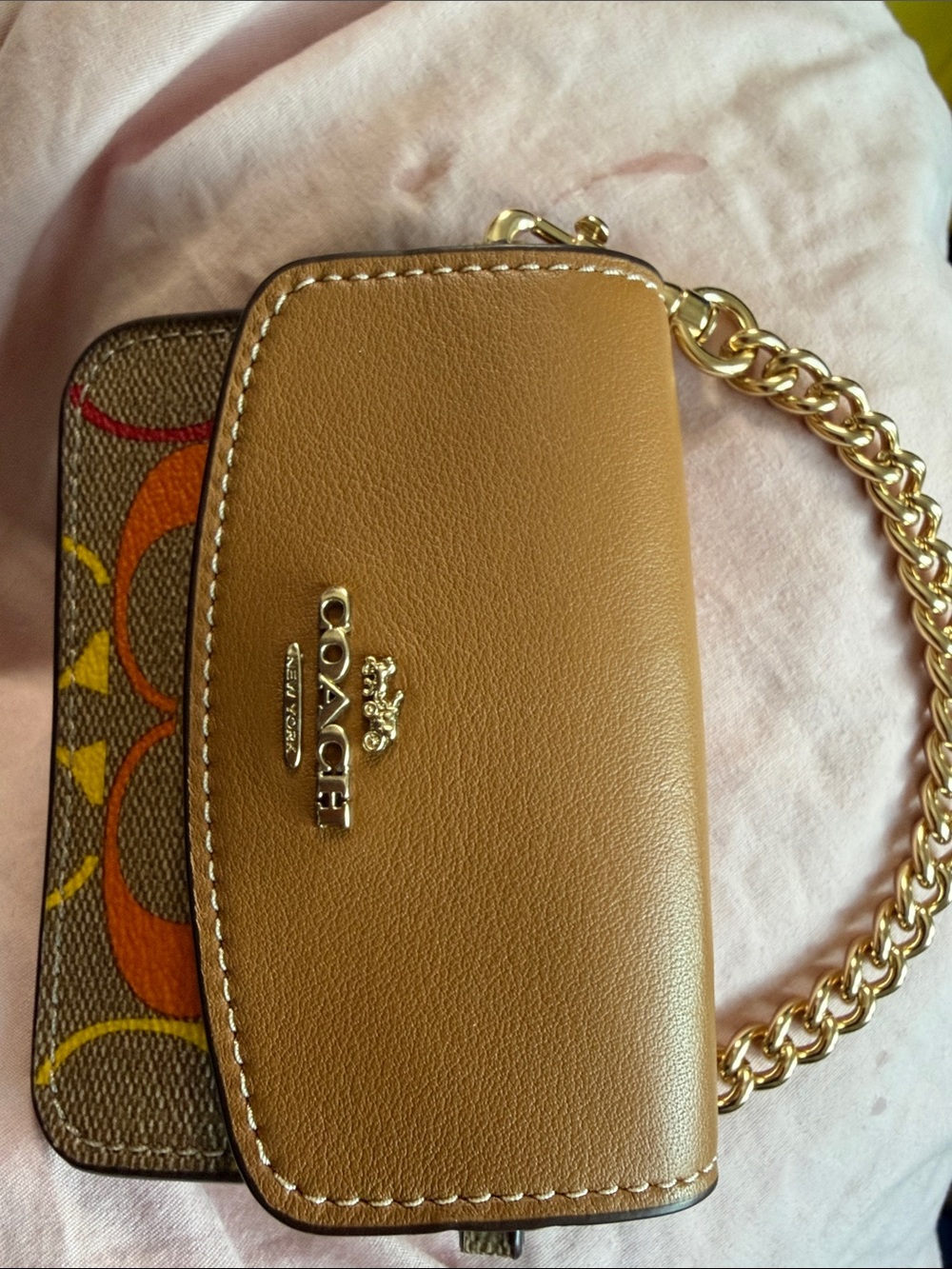 Coach Tan Signature Chain small wallet- Tan/Multicolor